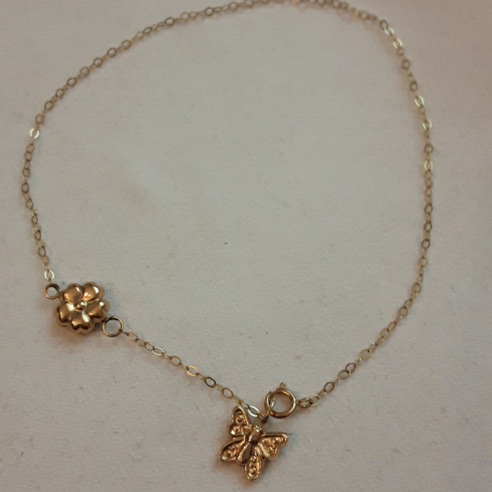 10k solid gold anklet or larger bracelet with flower and butterfly